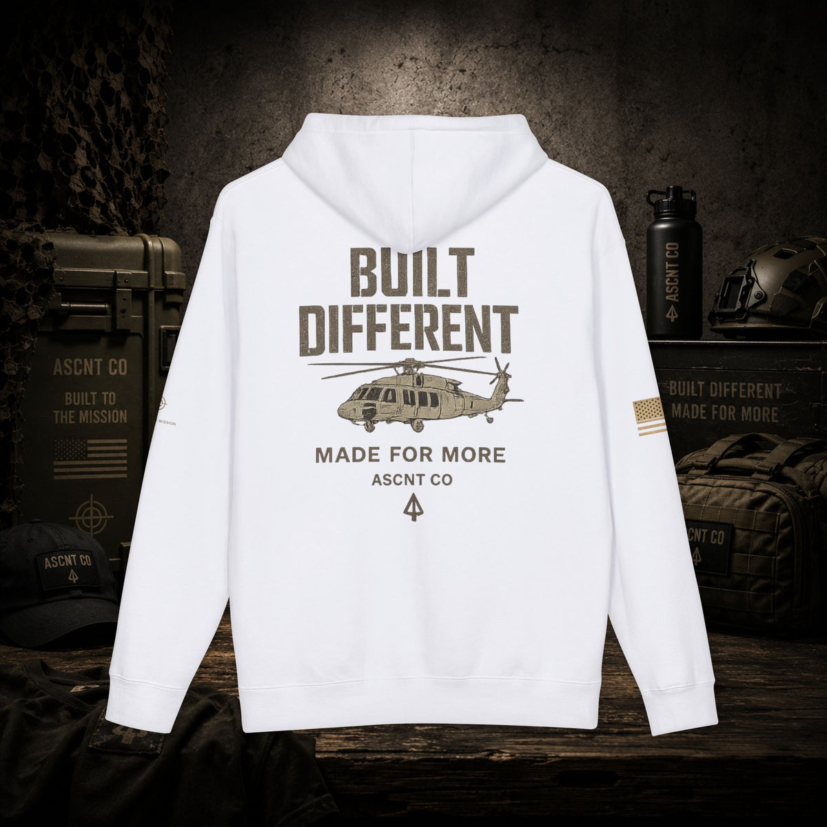 Built Different Hoodie — ASCNT CO Military Helicopter Pullover